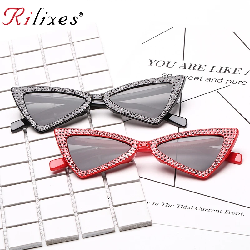 

RILIXES Diamond Triangle Sunglasses Women Brand Luxury Crystal Cat Eye Sunglasses Ladies Small Black Sun Glasses Oculos 2018