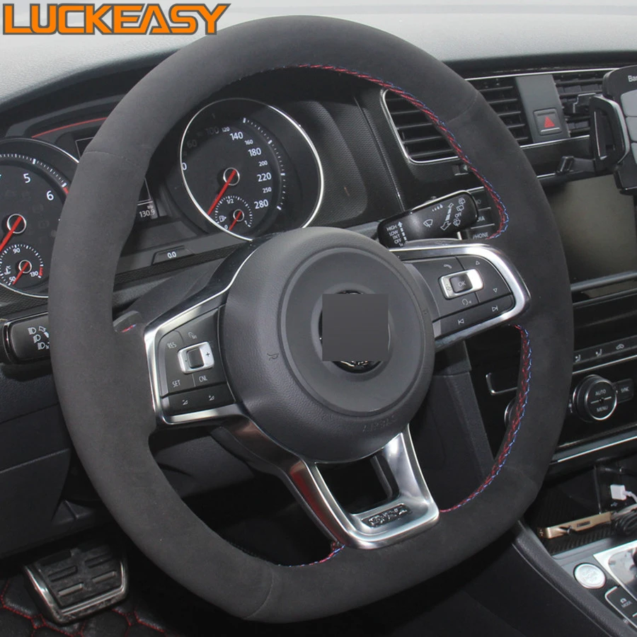 DIY Hand stitched Black Suede Car Steering Wheel Cover for Volkswagen