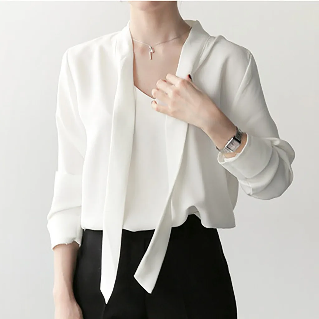 

2019 Solid Chiffon Shirt Women Blouse Ladies Lacing Tops Fashion Bottoming Shirt Tops Fashion camisas mujer dropshipping
