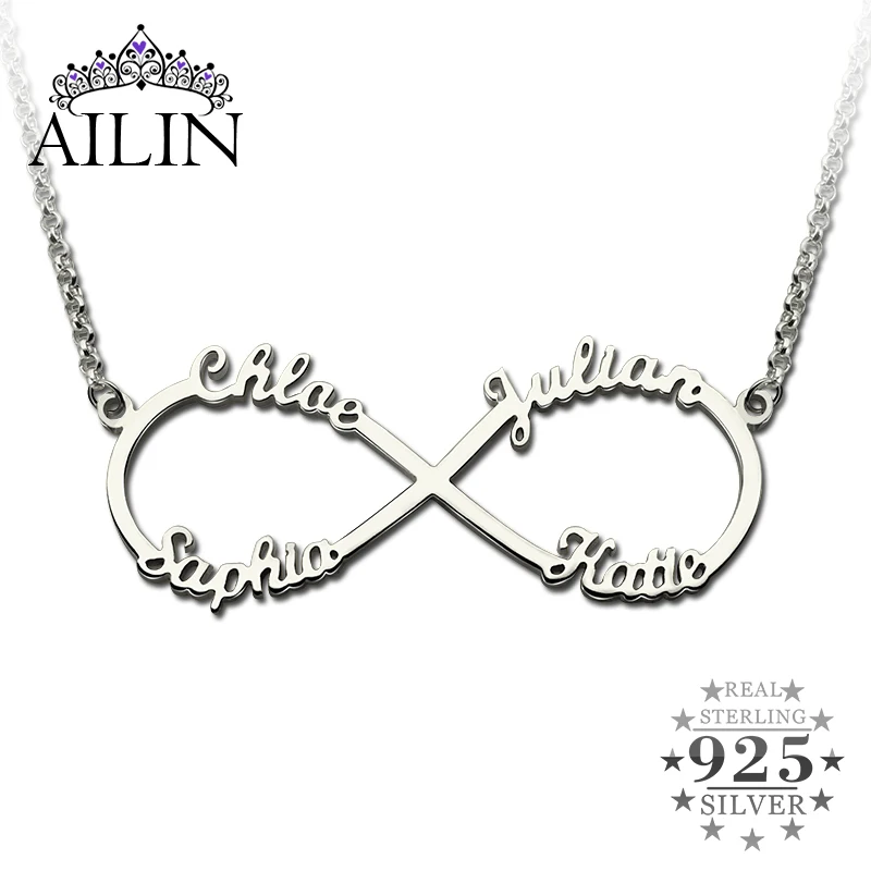 AILIN Personalized Infinity Necklace with Names Silver Infinity Pendant 4 names Brand Necklace Endless Love Valentine's Day Gift