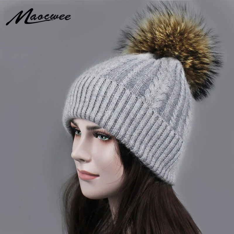 

Natural Raccoon Fur Women's Winter Warm Hats Girls Knitted Wool Rabbit Ski Caps Female Headgear Pompon Skullies Beanies Gorro