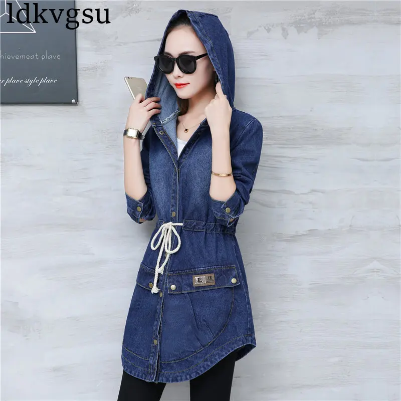 Джинсовые женские куртки с длинным рукавом и капюшоном, джинсовая куртка размера плюс, весенне-осеннее джинсовое пальто, джинсовые топы, верхняя одежда 3XL A480 - Цвет: Blue