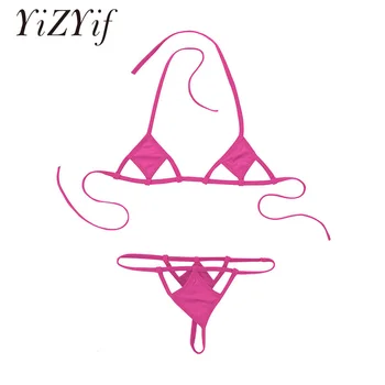 

Women Exotic Minimal Cover Mini Micro Bikini Set Halter Neck Self-tie Bra Top with G-String Underwear Exotic Swimming Costumes
