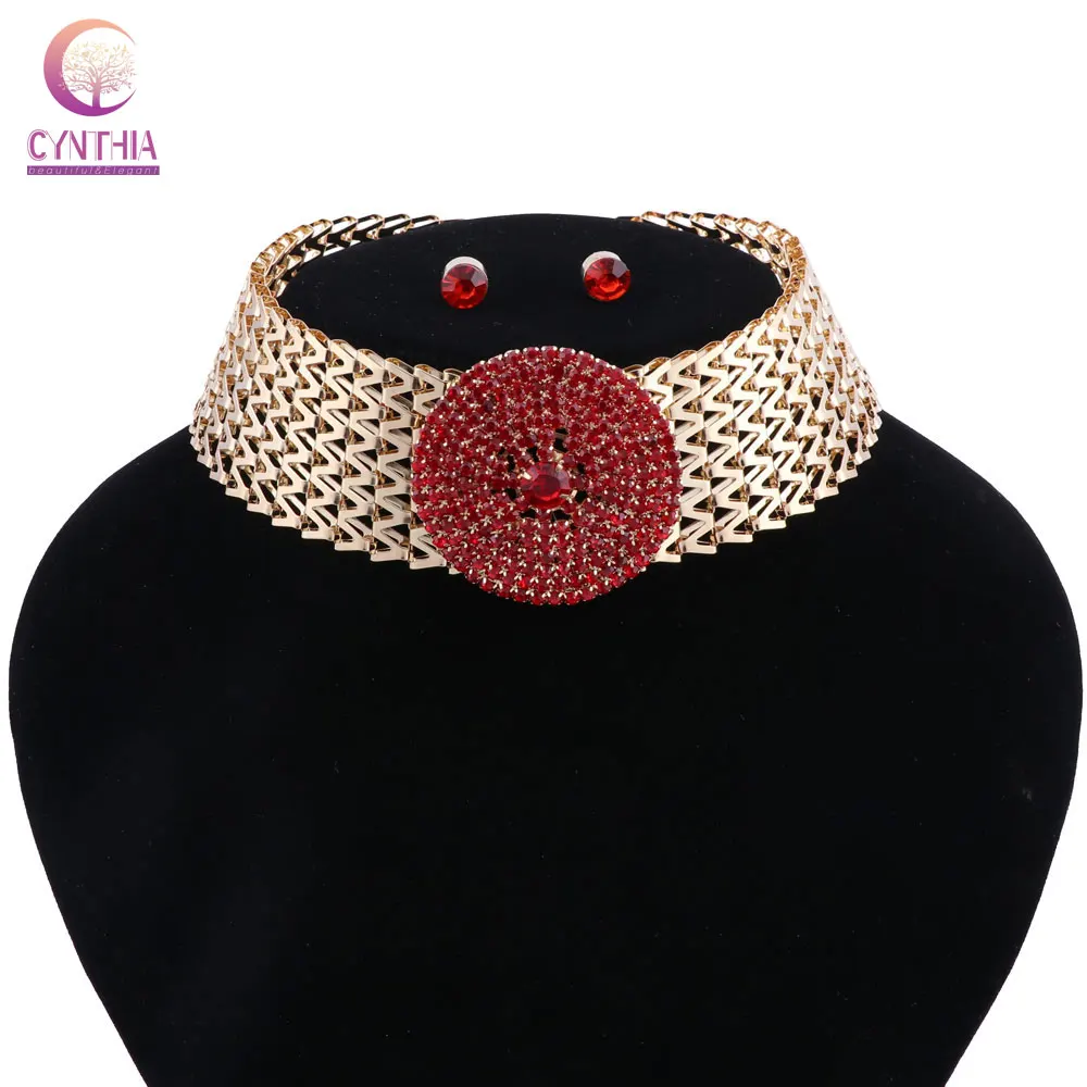 

CYNTHIA Wedding Jewelry Sets Red Crystal Bridal Jewelry Set Gifts Gold Color Choker Necklace Earrings Set Wedding Decoration