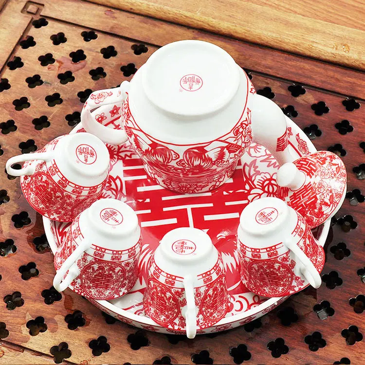 Китайский Свадебный чайник чайный красный чайный горшочек, чашка, набор чаш, керамическая чаша, креативный подарок для невесты, празднование брака