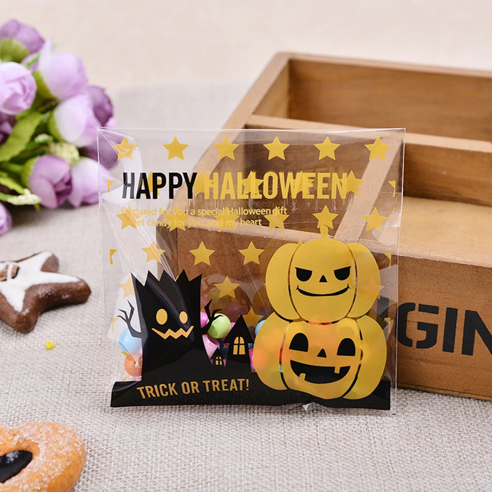 

100Pcs M/L Halloween Yellow pumpkin Gift Bag Plastic Clear DIY Candy Cookies Birthday Party Craft Bags Packaging Bag