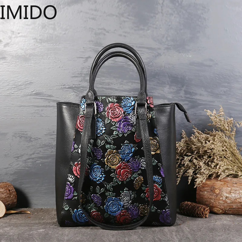 

IMIDO National Style Leather Large Capacity Embossed Lady's Single Shoulder Skew Bag Famous Designer Handbags Genuine Leather