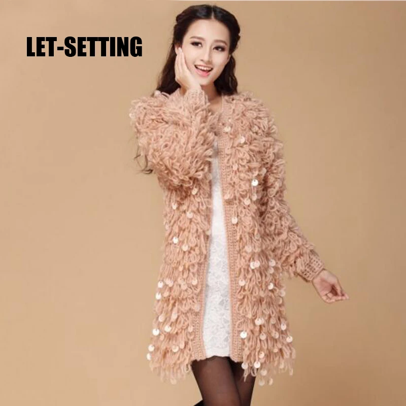 new women long sequin handmade hook wreath sweater Retro sequined knitting cardigan |