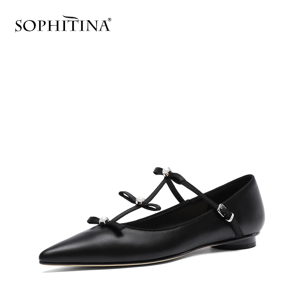 

SOPHITINA 2019New Arrival Solid Fashion High-quality Genuine Leather T-strap Flats Bow-knot Pearl Elegant Woman Dress Shoes PO46