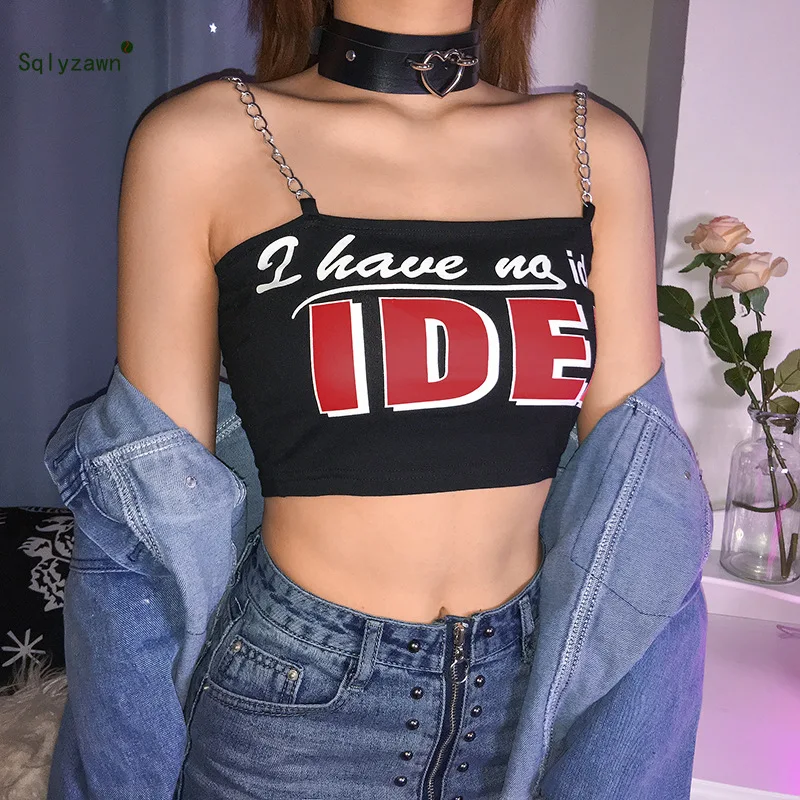 

Women Summer Sexy Metal Chain Sling Strap Black Backless Crop Top Streetwear Inscription Letter Printed Camis Harajuku Clothes