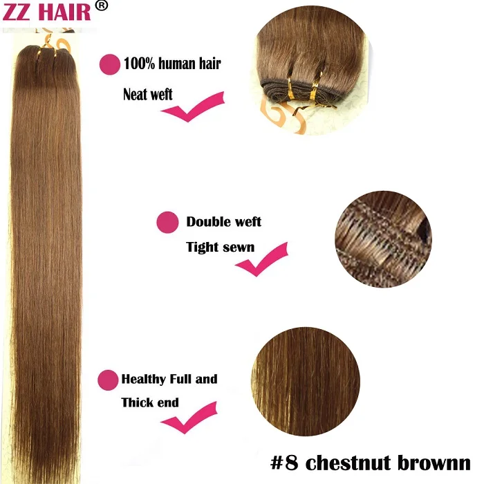 ZZHAIR 100 г/шт. 1"-24" машинное производство, волосы remy, плетенные, человеческие волосы для наращивания, прямые, натуральный шелк, не заколки - Цвет: #8