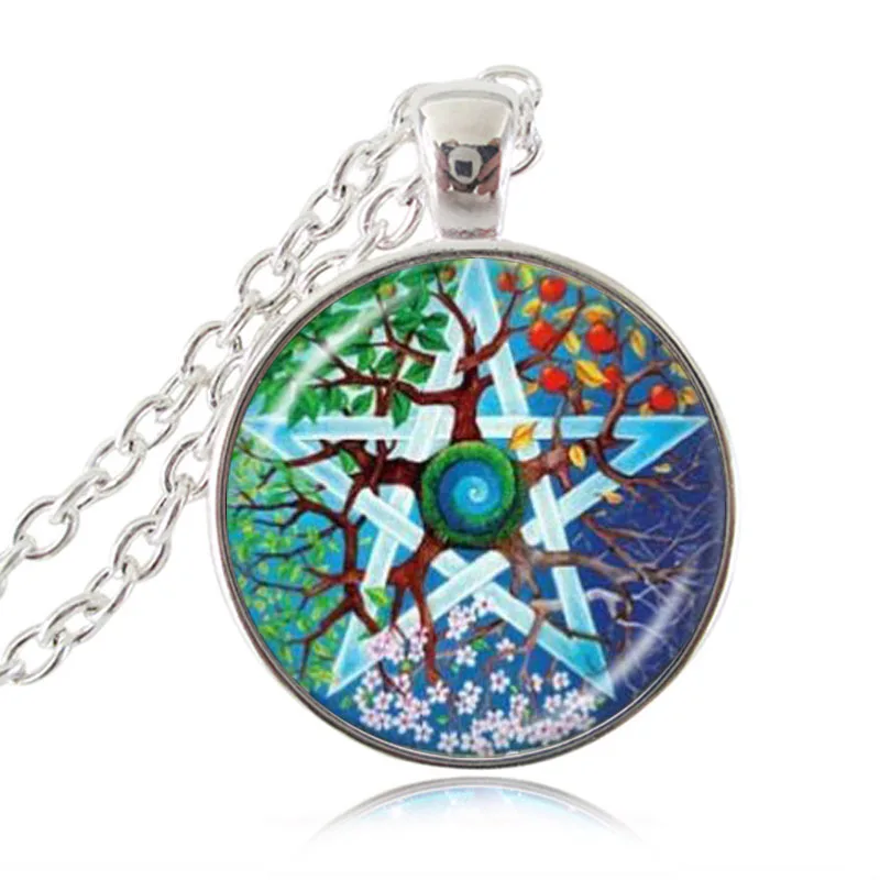 1089 Pentagramme Arbre De Vie Pendentif Collier Wicca Pentacle Cabochon Bijoux Spirale Fleur Chandail Collier Argent Bronze Chaîne In Pendentifs De