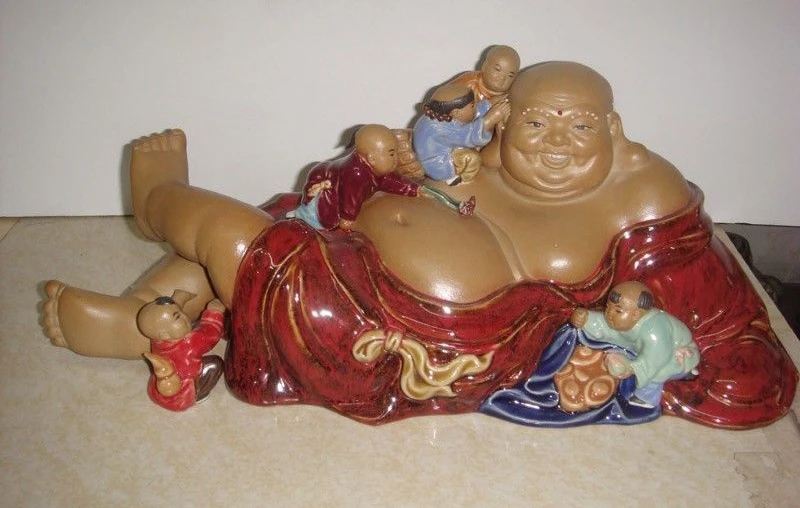 

Painted Pottery Porcelain Statue Buddhism Five Child Happy Laugh Maitreya Buddha