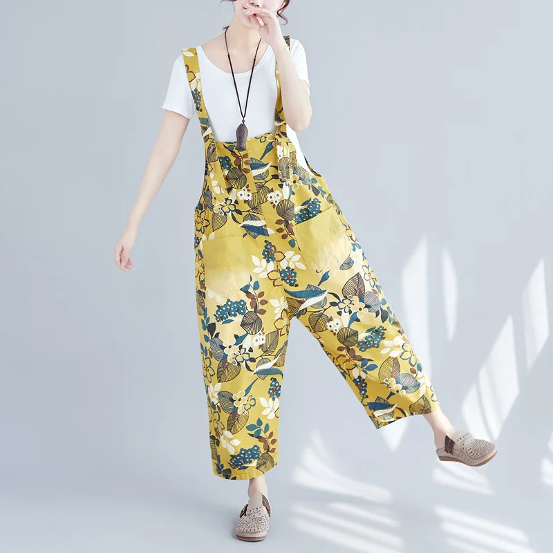

Womens wide leg jumpsuit Ladies Floral Print Calf Length Loose Yellow Jumpsuits vintage suspenders one piece Romper Overalls