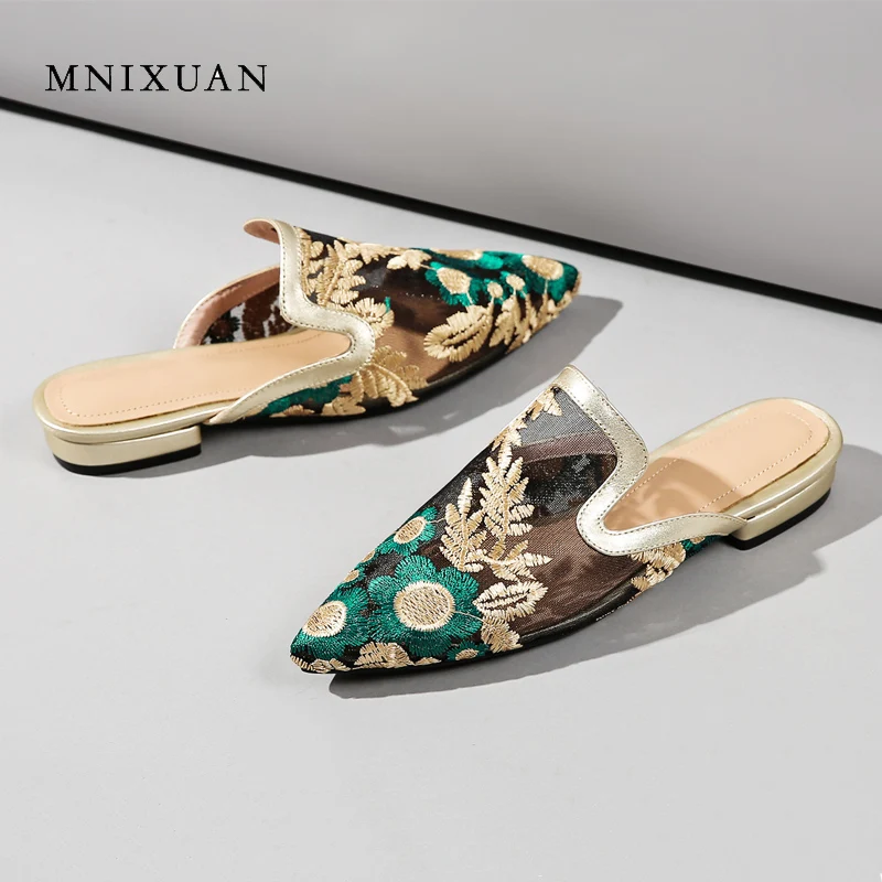 

MNIXUAN designer flats women luxury 2018 genuine leather ladies shoe fashion mesh embroidered flowers pointed toe mules big size