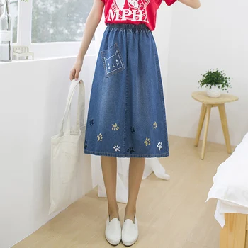

Japanese Style Cute Cat Embroidery Jean Skirt Cat Claw Design Pocket Knee Length Skirt High Waist Cowboy A-line Denim Midi Skirt