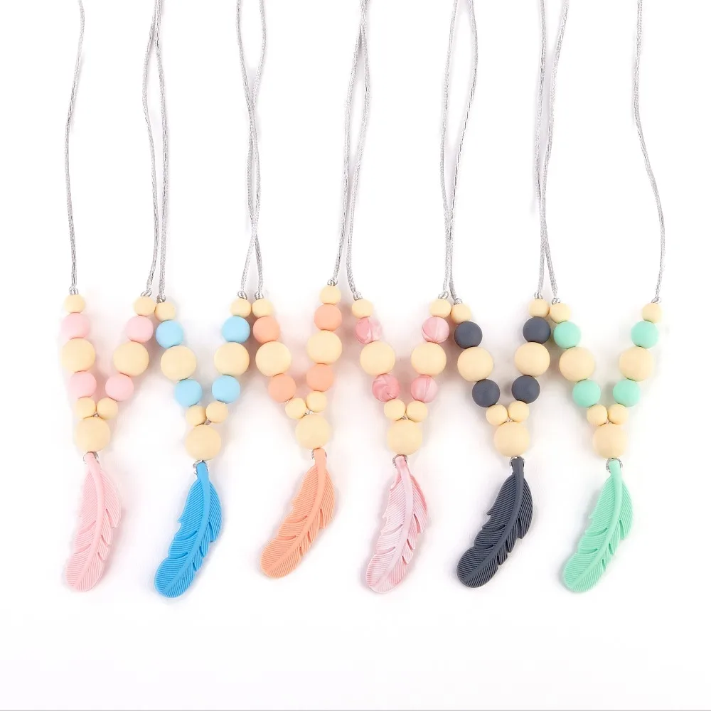 

Happyfriends 1pcs Silicone Feather Teether Pendant Mommy Jewelry Nursing Baby Teething Necklace