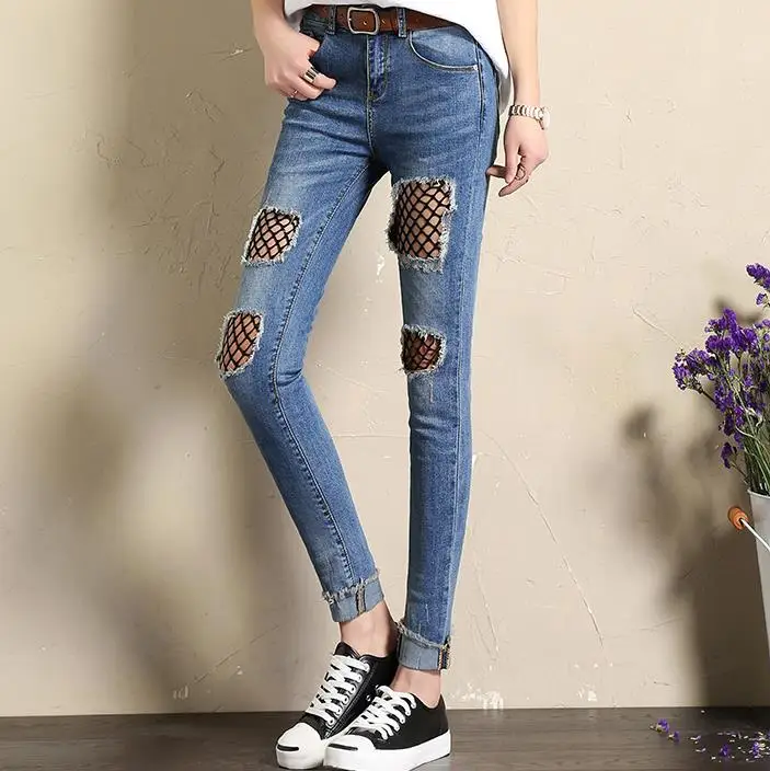 

new Stretch hole jeans loose sexy Mesh Women Elastic Jeans Female Pencil Denim Pants
