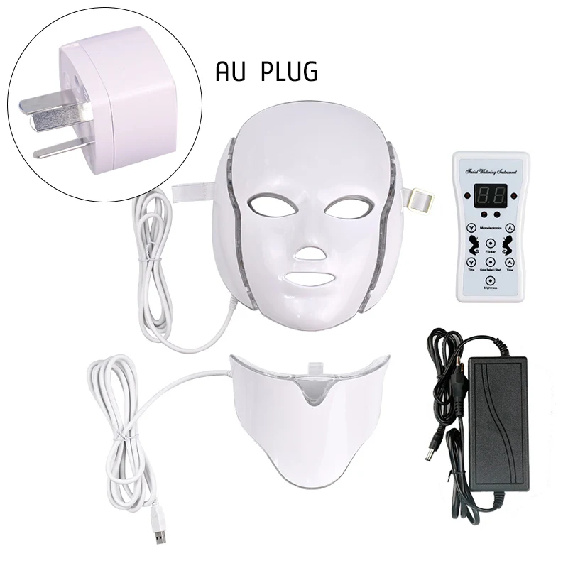 AU Plug Светодиодная маска, 7 цветов, светящаяся маска для лица, терапия, фотон, светодиодный аппарат для лица с шеей, Корея, уход за кожей, отбеливание, акне, против морщин - Цвет: AU Plug