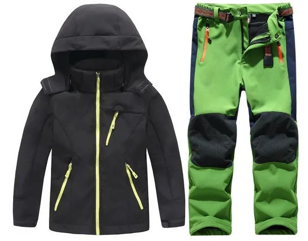 Black Зимняя одежда для мальчиков и девочек; теплые Водонепроницаемый softshell Куртки Детская флисовая спортивная одежда, для кемпинга, ветровка, Лыжный спорт походные брюки - Цвет: Black