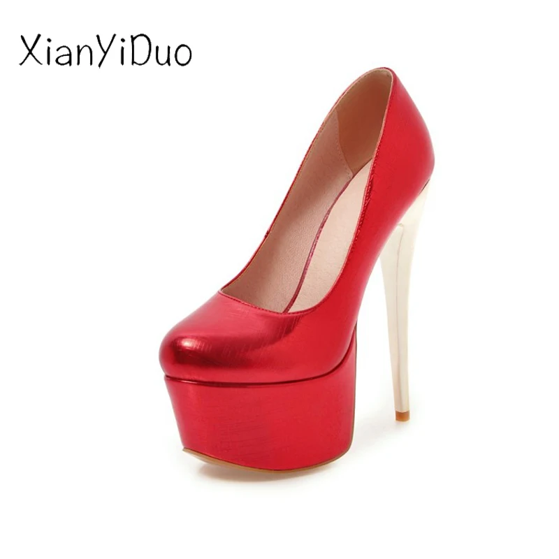 

Xianyiduo 2019 party Slingbacks Women's Shoes Pointed toe ultra high heels Pumps Platform large size 34-48 pink Gold silver/Z-13