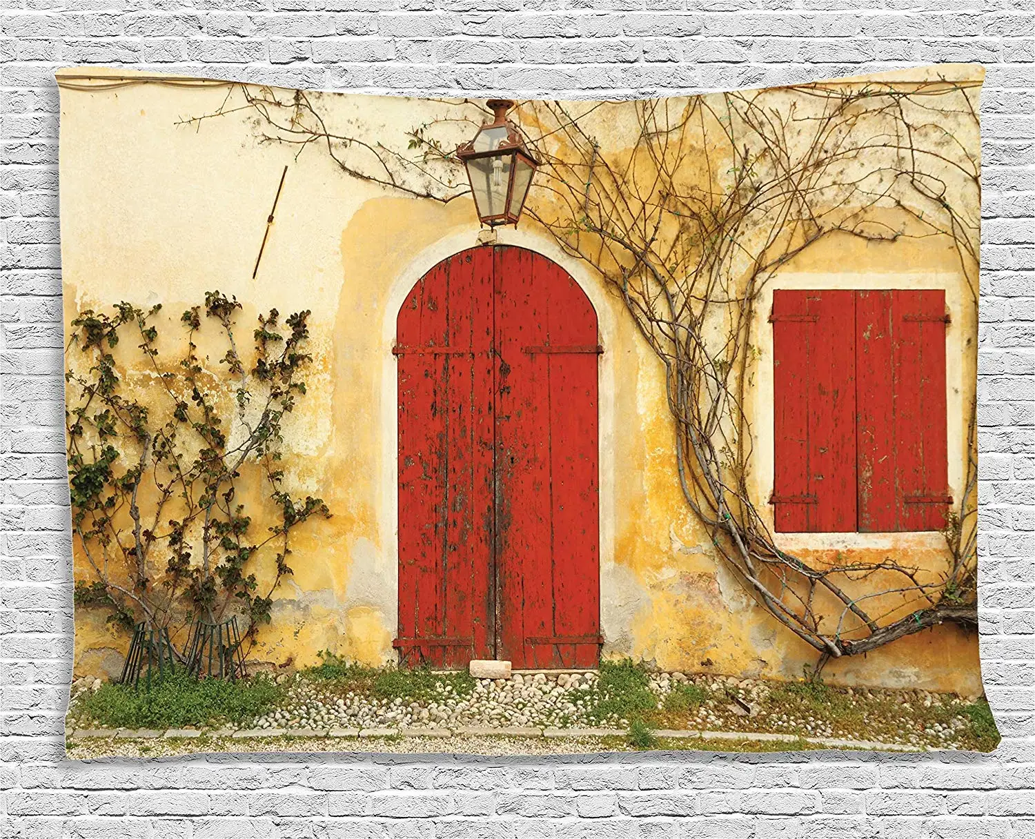 Rustic Tapestry Wall Hanging Old Doorway with Blinded Door and Window