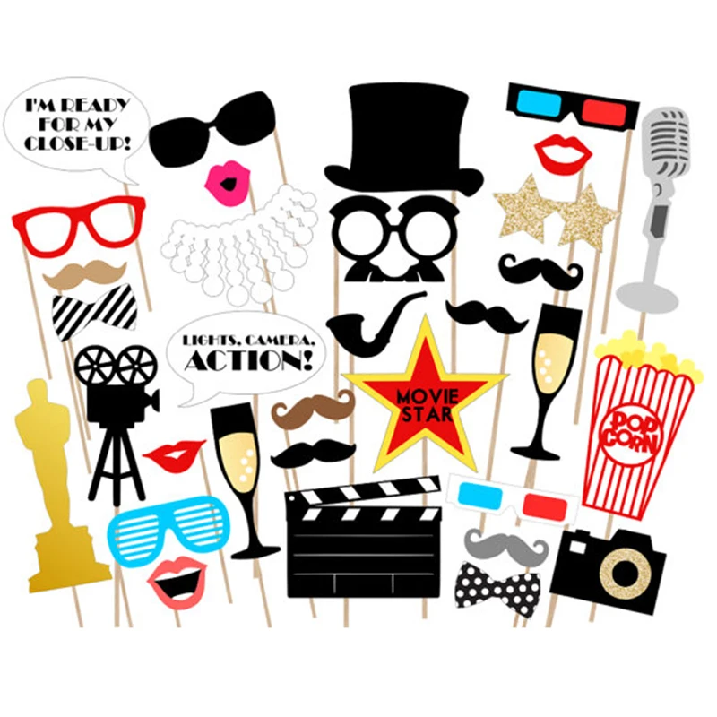 33pcs Oscar Photo Booth Props Party Glasses Masks Hat Mustache Lip Funny Photobooth Props Photograph Birthday Party Decoration (2)