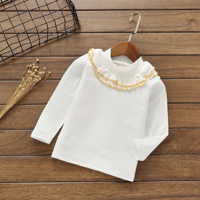 Рубашки с длинными рукавами для маленьких девочек; белые кружевные топы с длинными рукавами и цветочным принтом; школьная блузка для девочек; однотонная базовая одежда для детей; сезон весна-осень - Цвет: white
