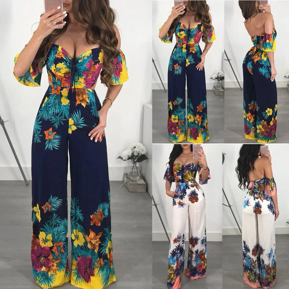 2018 Fashion Boho Summer Women Jumpsuits 2 Style Off Shoulder Strapless