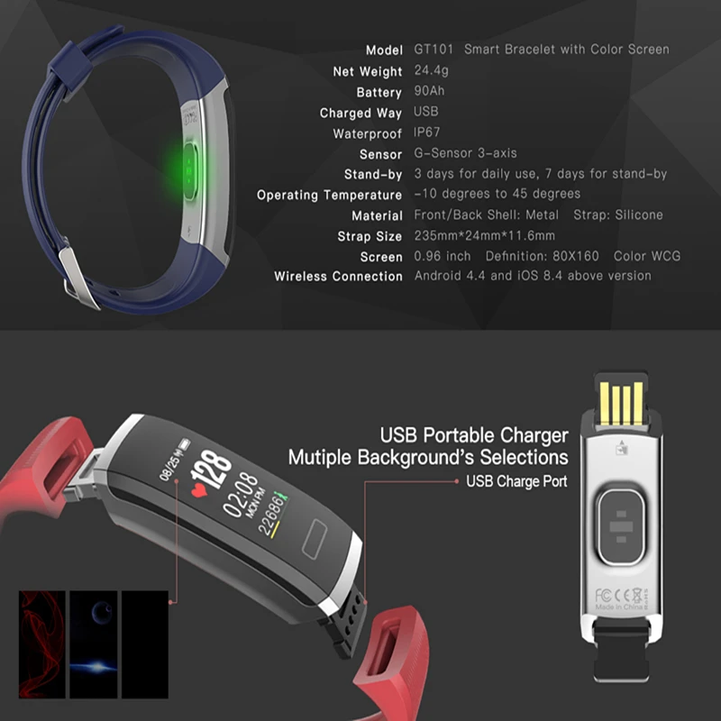 Wearpai GT101 Smart Wristband Color Screen smart bracelet women men sport Fitness Tracker heart rate monitor waterproof ip67