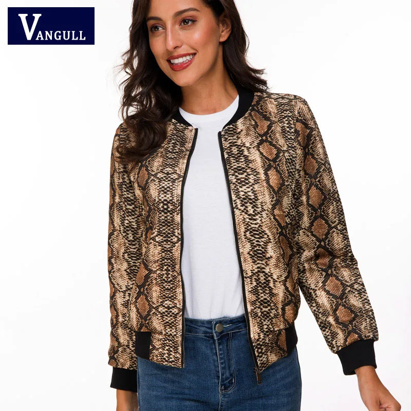 

Vangull 2019 Spring Fashion Women's Clothing Snake Print Short Jacket Long Sleeve O-Neck Zipper Slim New Style Female Outerwear