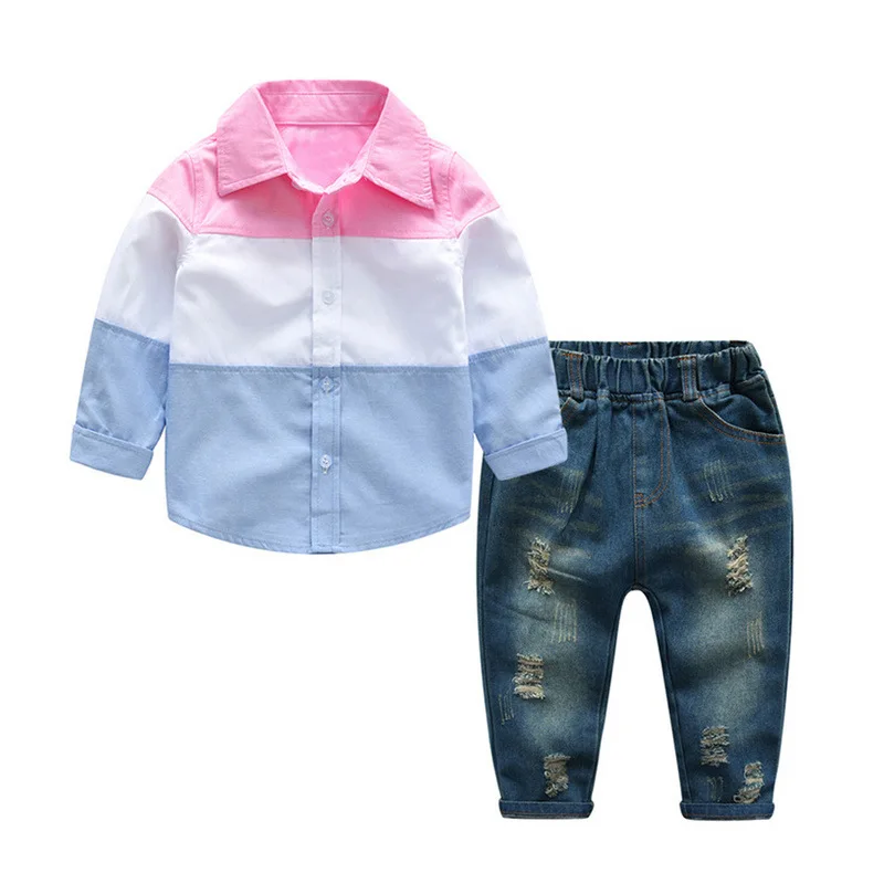 Комплекты одежды для мальчиков Демисезонный Повседневное хлопок Полосатые рубашки джинсы брюки 2 шт набор Детский «джентльменский» костюм для маленьких мальчиков От 2 до 10 лет детская одежда - Цвет: Розовый