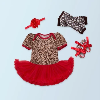 

4PCs per Set Short Sleeves Red Pink Rose Baby Girl Leopard Tutu Dress Infant Clothes Leg Warmers Shoes Headband 0-24Motnths