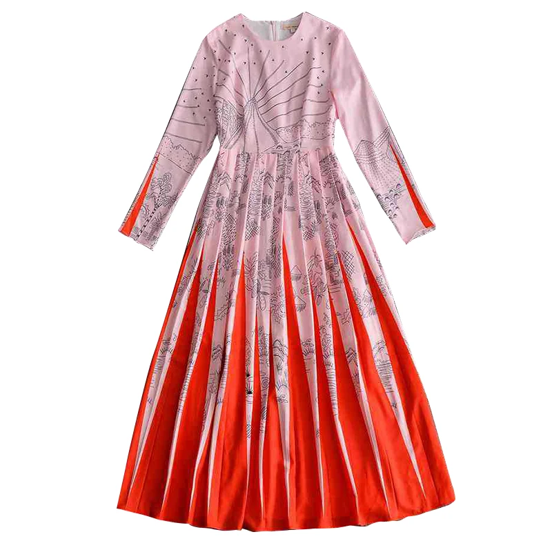 

Spring Summer Dresses 2019 High Quality Runway Dress Women O-Neck Long Sleeve Color Block Printed Elegant Dress SAD565