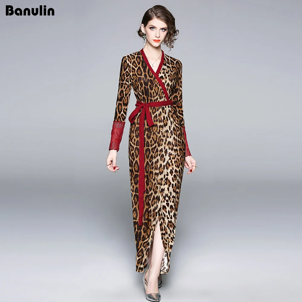 Designer Runway Dress High Quality 2018 Women Leopard Print Lace Sleeve ...