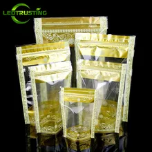 

Leotrusting 100pcs/lot Stand up Plastic Zip Lock Bag Clear Window Gold Coffee Snack Cookie Bakery Packaging Bag Plastic Gift Bag