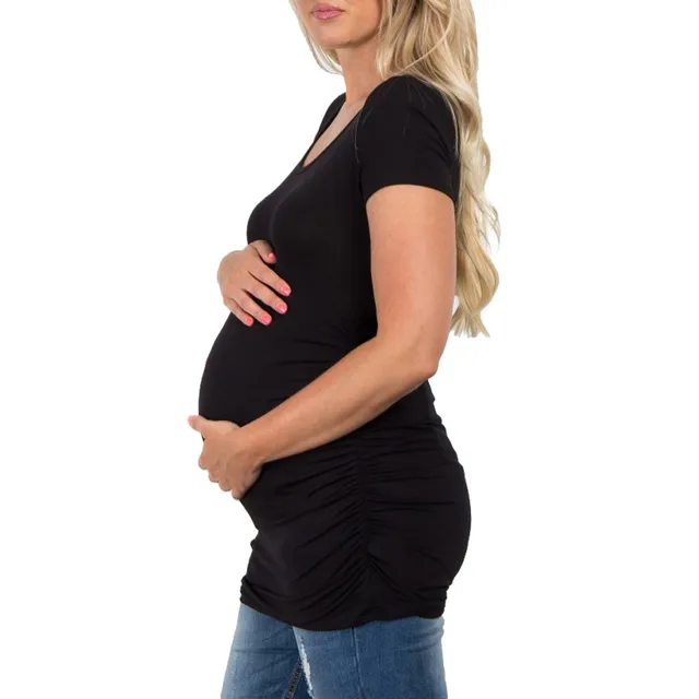 Summer Womens Maternity Clothing Classic Side Ruched Tops O-Neck Solid Color Pregnancy Clothes Top Soft Comfortable Blouse Shirt