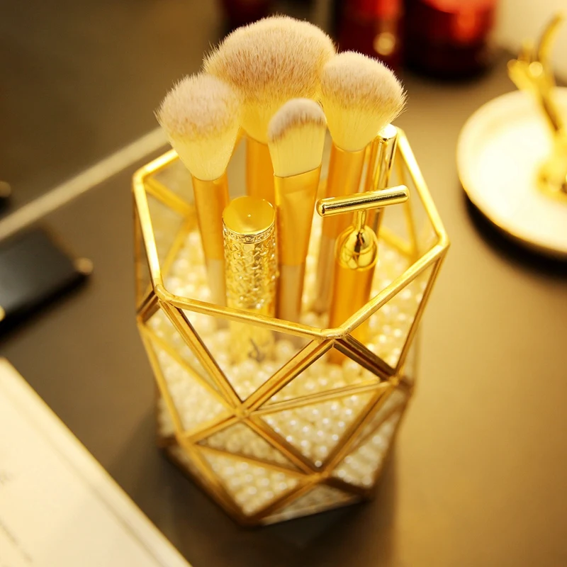 Glass Makeup Brush Holder Gold Three Angles Prismatic Glass Makeup Pearls Brush Storage Organizer Box