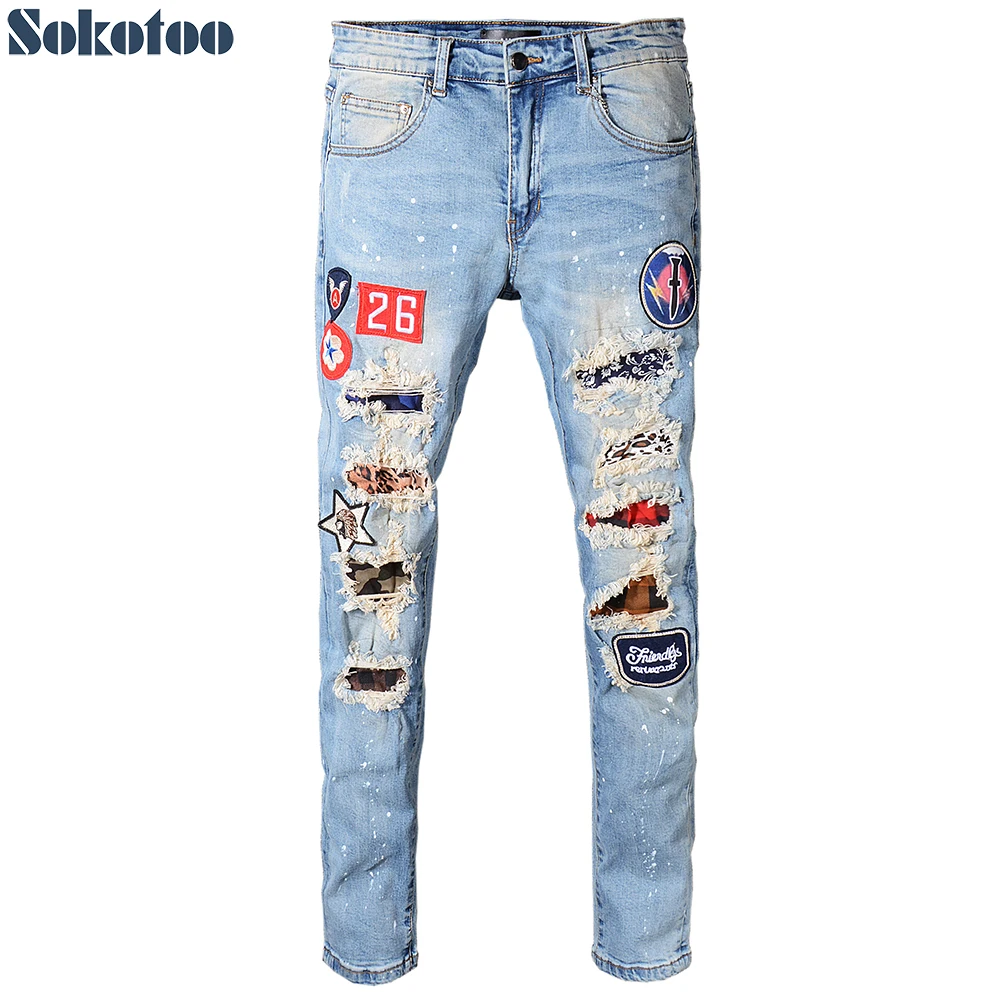 Sokotoo Men's plus size badge patches ripped jeans Slim skinny ...