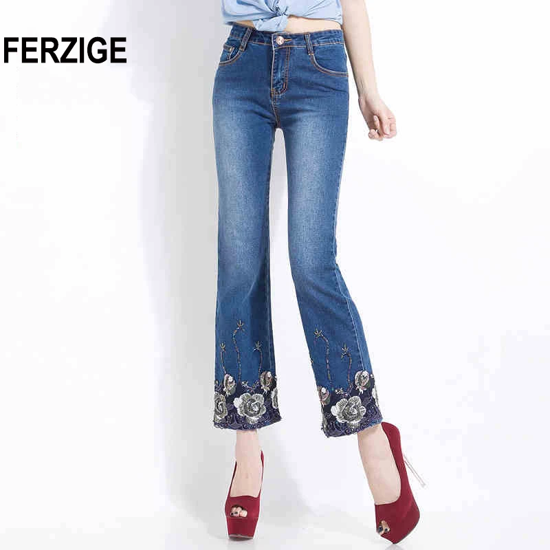 

FERZIGE Women Jeans Summer Embroidered Flares Bell Bottom High Waist Manual Nail Beading Stretch Slim Sexy Ladies Women's Pants