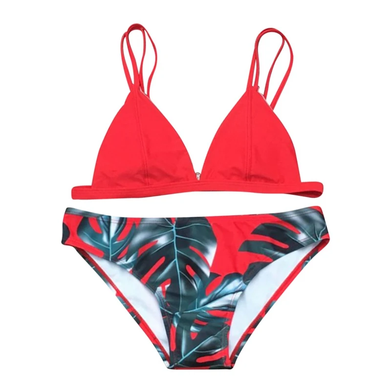 Women Sexy Plant Pattern Print Lace-up Halter Strap Split Swimsuit Bikini Set Women Sexy Plant Pattern Print Lace-up Halter Strap Split Swimsuit Bikini Set