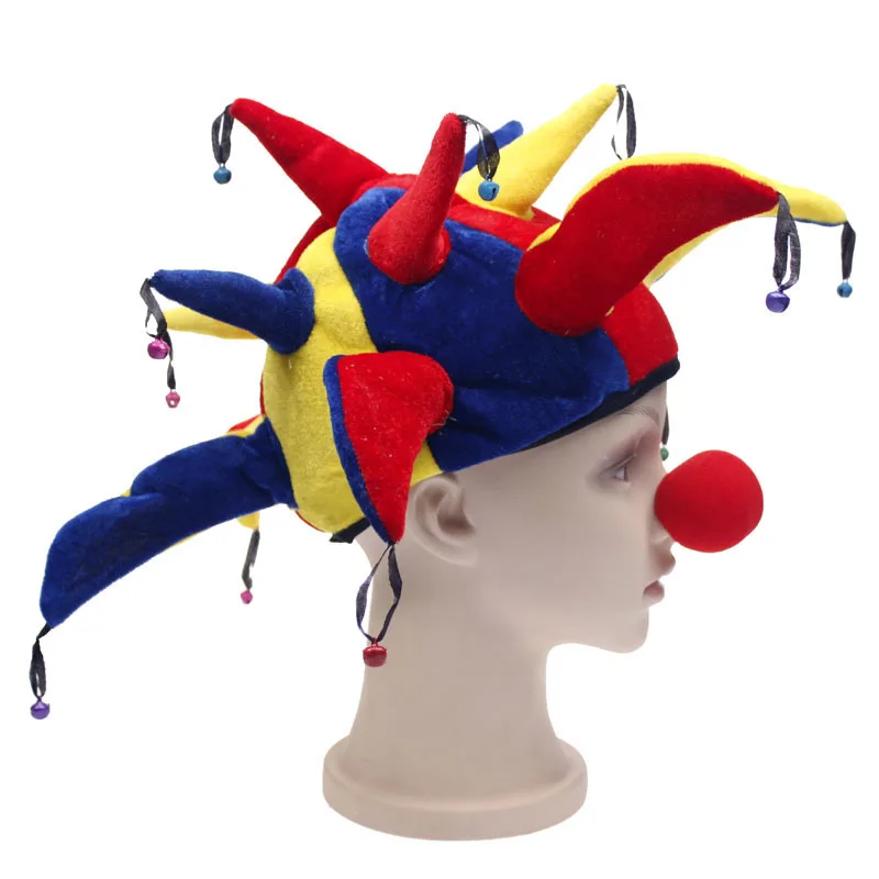 Многоцветный для Хэллоуина Клоун шляпа с колокольчиками клоун унисекс косплэй кепки шляпа шута нос Забавный костюм мяч игры