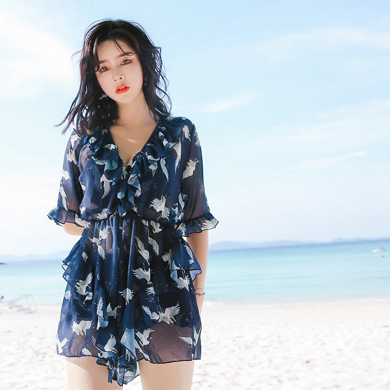 Women Blue Floral Swimwear Three piece Bikini Set With Swimsuit/Skirt