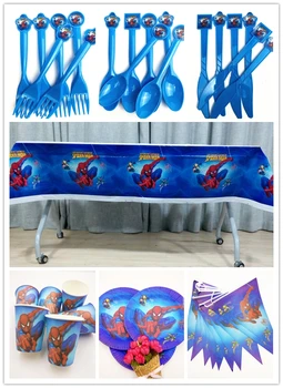 

52pcs/set Spiderman Kids Birthday Party Decoration Tablecloth Cups Plates Flag Knife Fork Spoon Event Party Supplies Boys Favors