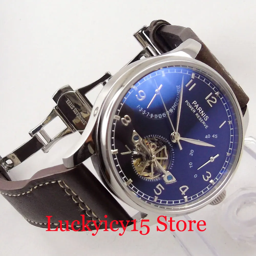 

Automatic Men's Watch Brown Strap 43mm Black Dial Power Reserve Date Indicator Fashion Wristwatch