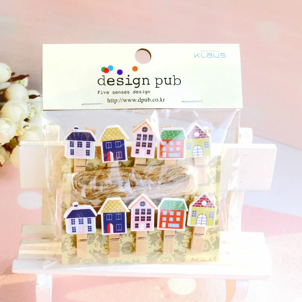 

10 Pcs/Lot Lovely Little House Wooden Clip Photo paper Clothespin Craft Clips Party Decoration Clip with Hemp Rope