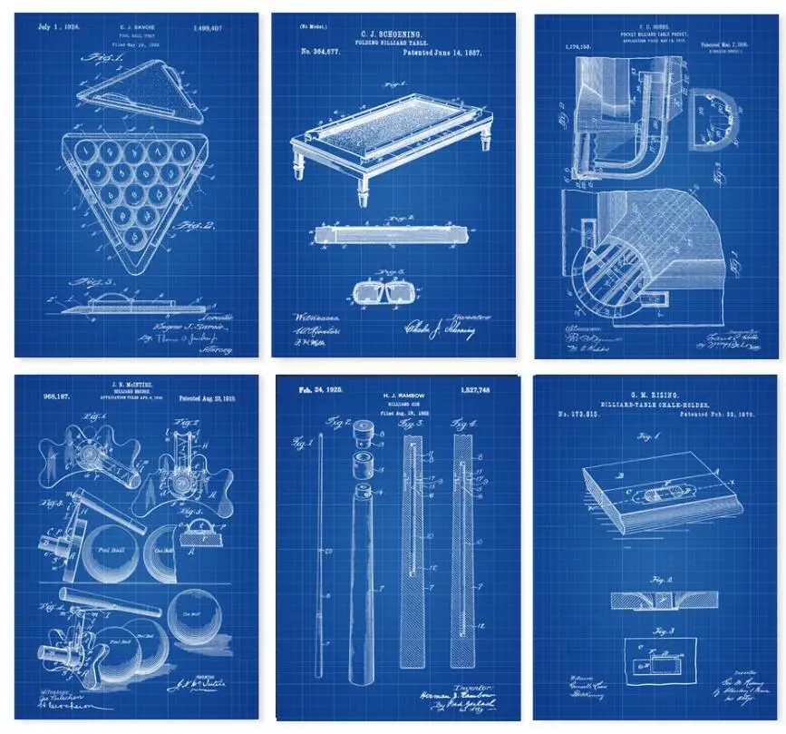 Лакированные принты для бильярда-набор из 6-декор для бильярда-бильярдный кий арт-Бильярд/план для бассейна-стойка для бассейна-бильярдный зал - Цвет: blueprint