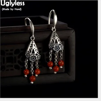

Uglyless Ethnic Tassels Earrings for Women Handmade Solid 925 Silver Flower Jewelry Agate Beading Jewelry Hollow Thai Silver
