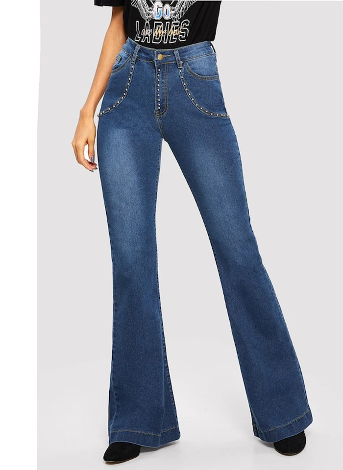 Джинсы для женщин бисером Высокая талия джинсы для женские синие винтажные женские джинсы брюки