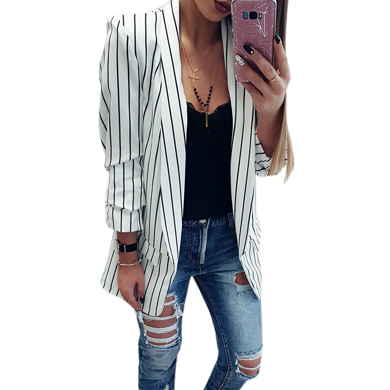 

Women Fashion Lapel Long Sleeve Black and White Striped Coats Jackets Ladies Casual Thin Slim Office Lady Cardigan Out